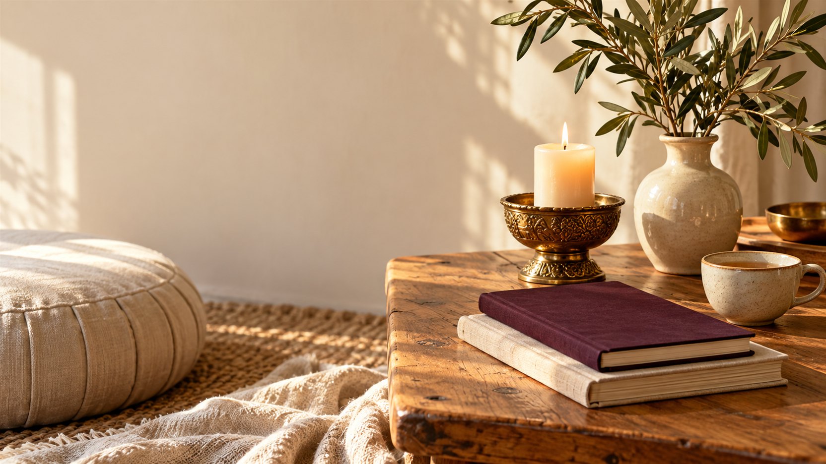 A warm room with a gold candle holder, leafy branches, journals, and tea