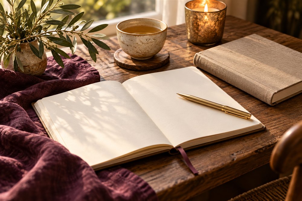 An open journal and gold pen in warm natural light