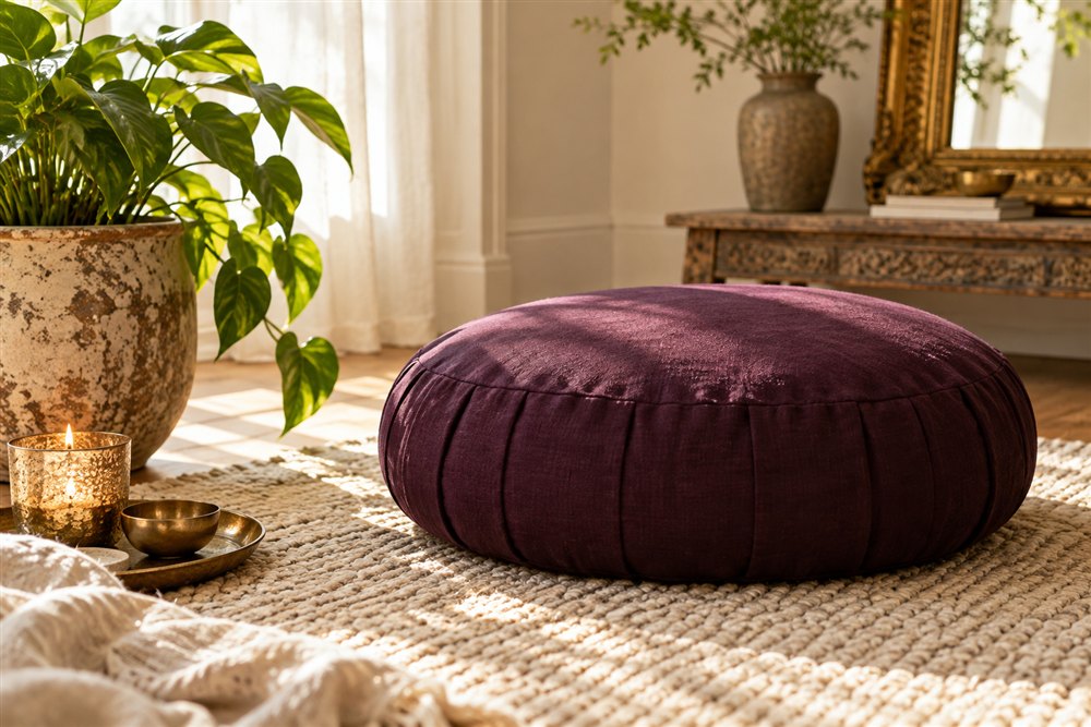 A plum meditation cushion beside a leafy plant and candle
