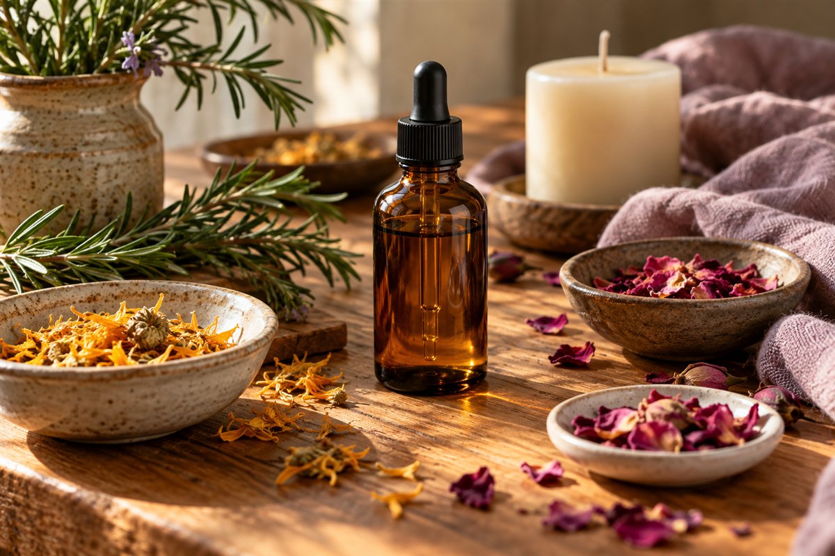 Botanical oils, flowers, rosemary, and candlelight in a warm setting