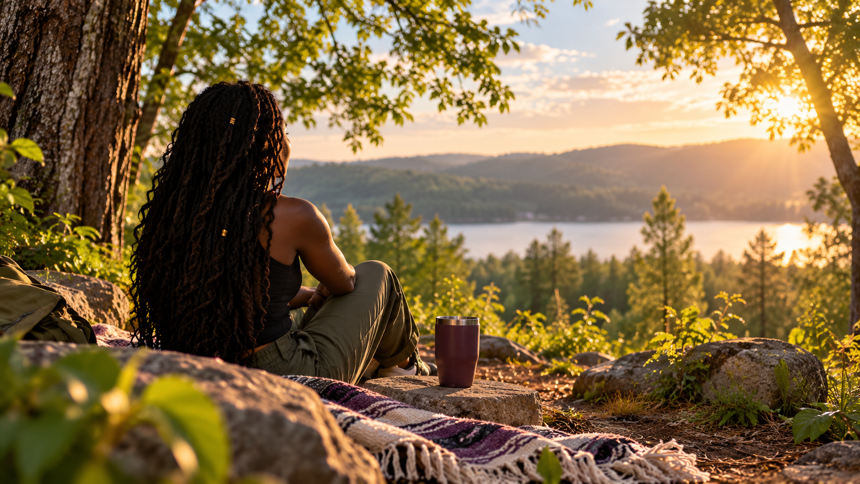 A person pausing beneath trees to look across a sunlit lake.