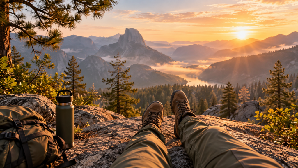 Hiking boots overlook a wide mountain landscape.