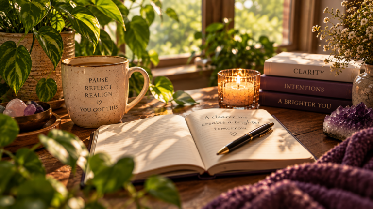 An open notebook rests beside a mug, plants and candle.