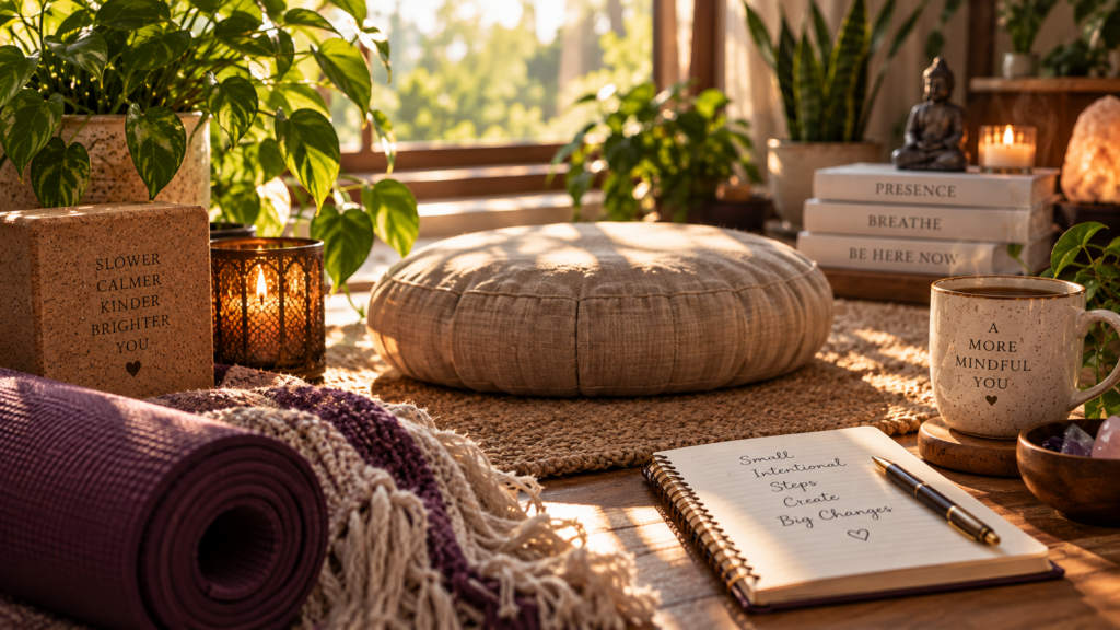 A sunlit meditation cushion, journal, and mug in a calm room.