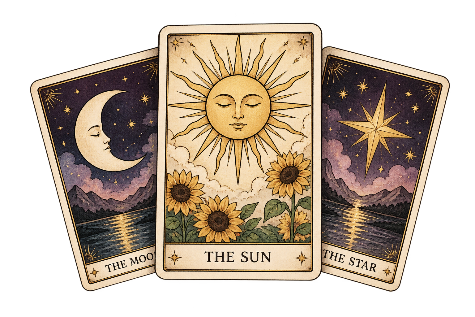Three watercolor tarot cards with The Sun centered
