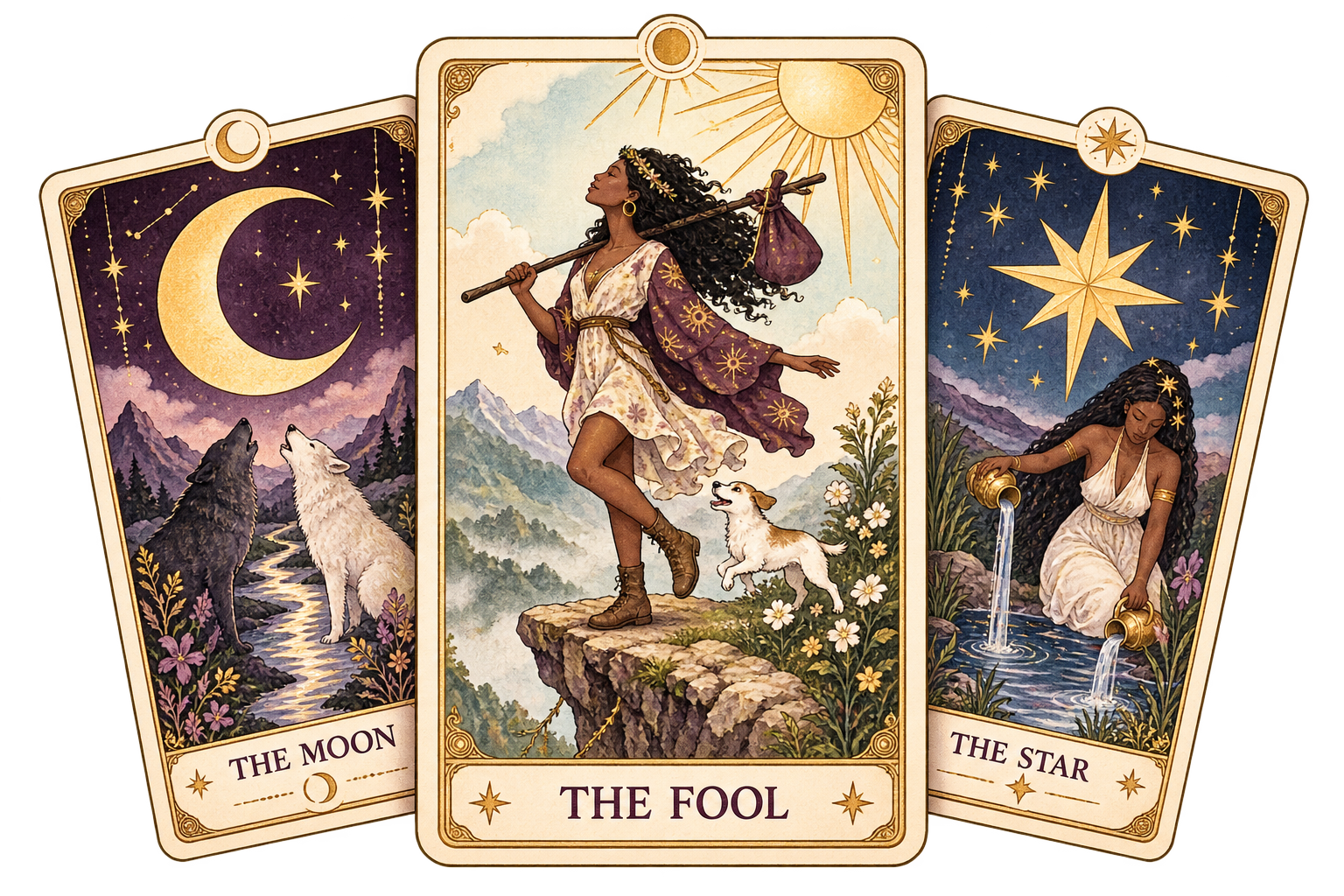 Three watercolor tarot cards with The Fool centered