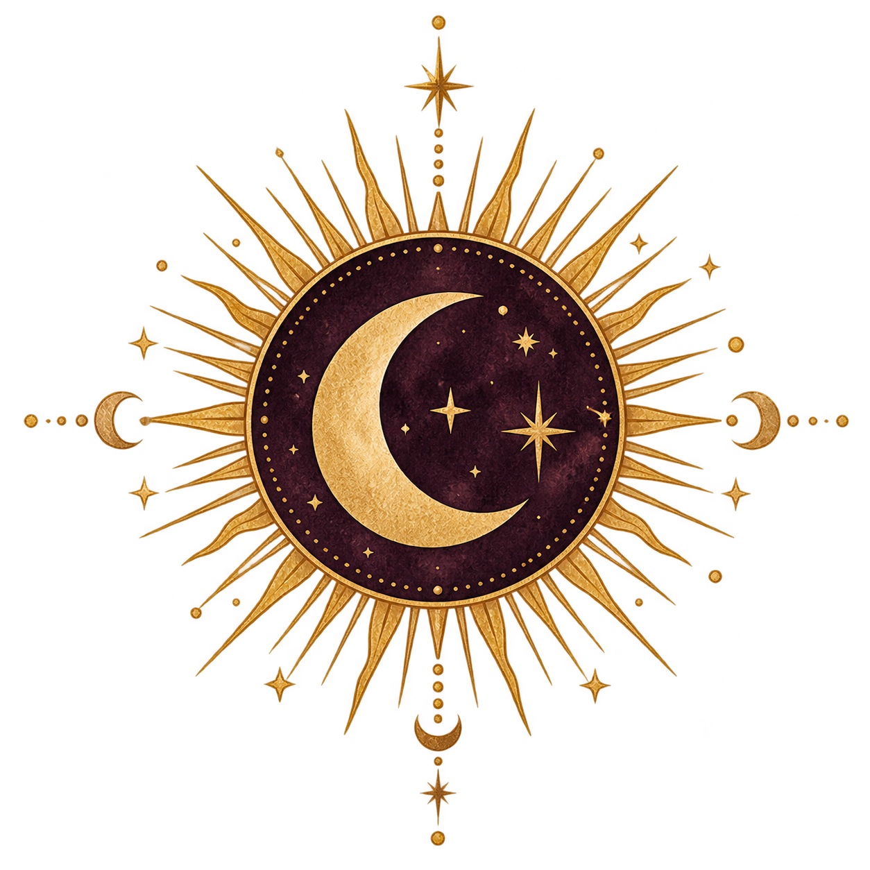 Gold celestial sunburst surrounding a plum crescent moon