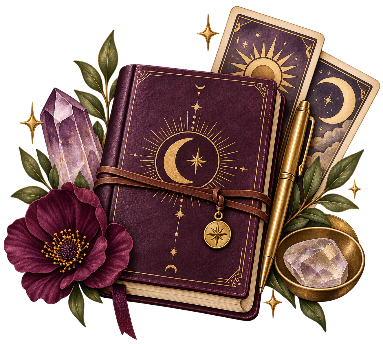 Plum journal with tarot cards, a gold pen, and botanical accents