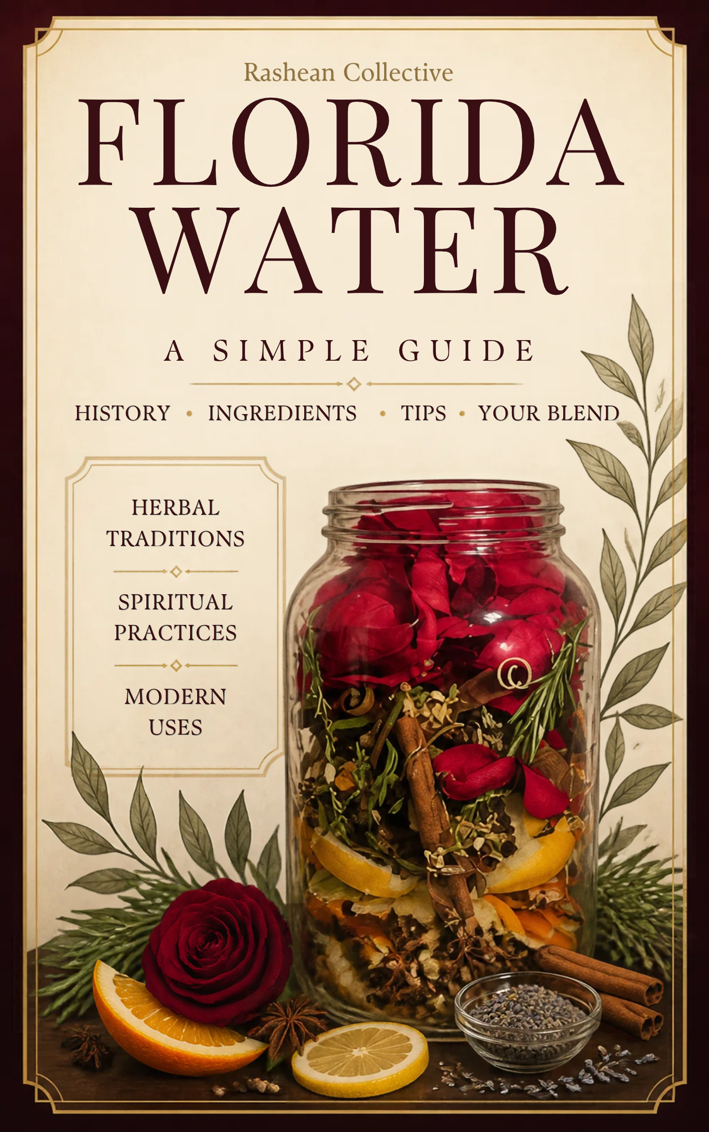 Florida Water guide cover with a botanical-filled jar, rose, citrus, and herbs.