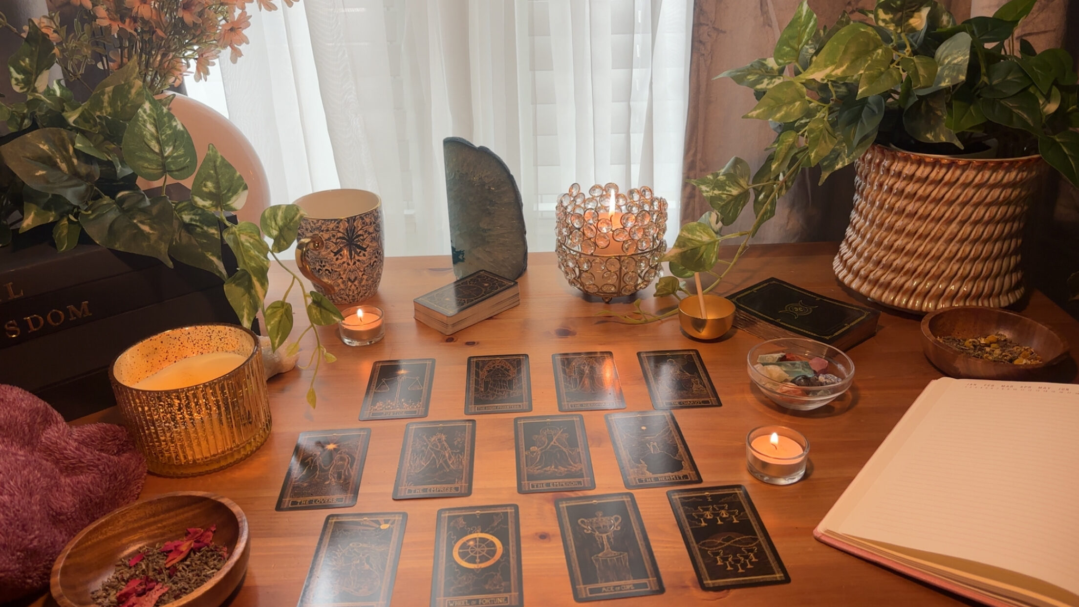 Tarot cards arranged on the Rashean reading table