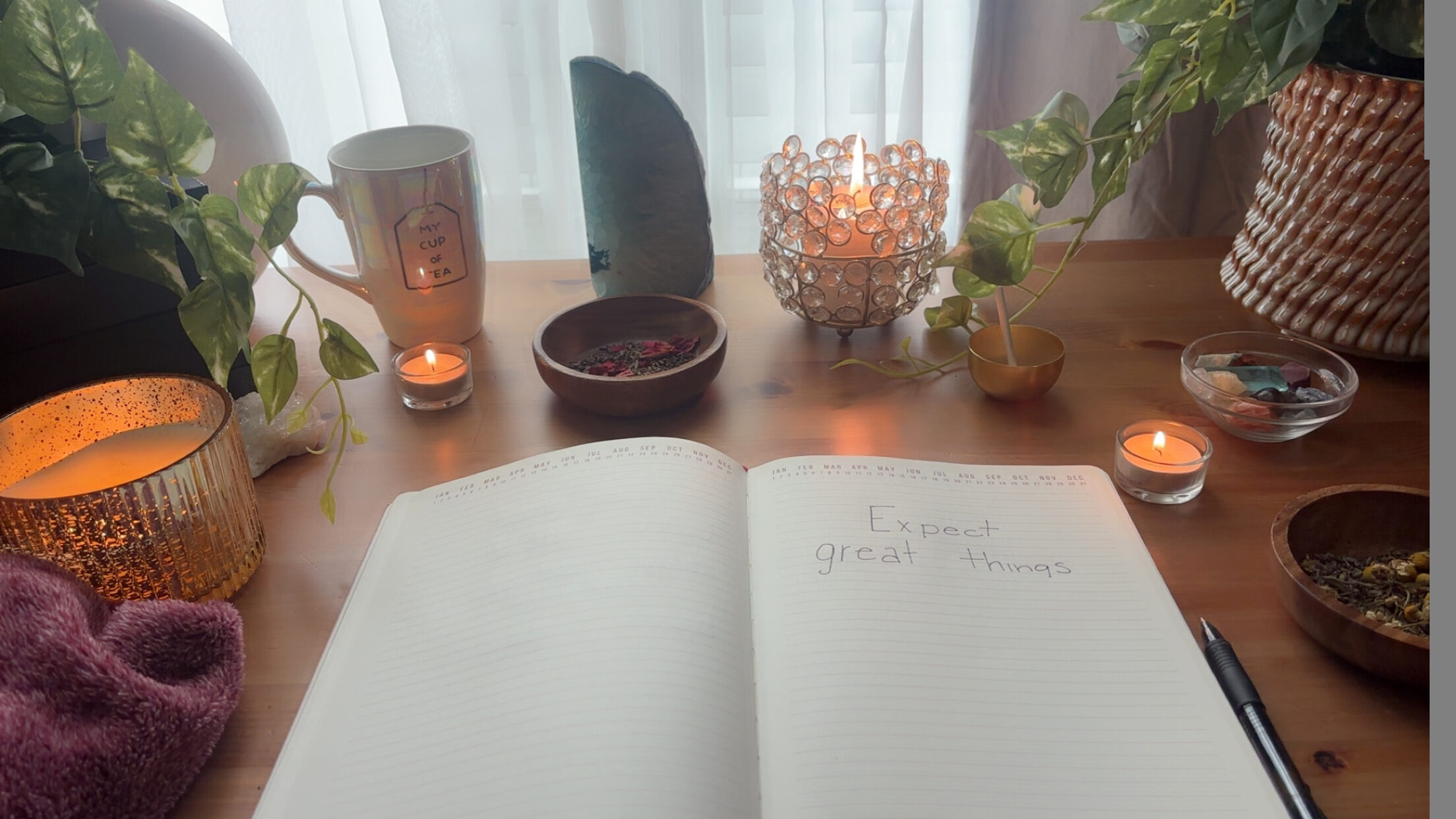 Open journal, plants, and candles on the Rashean desk