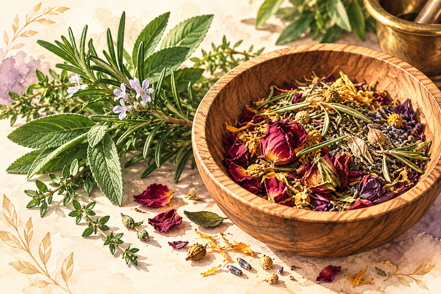 Wooden bowl of dried herbs and flowers beside fresh botanicals
