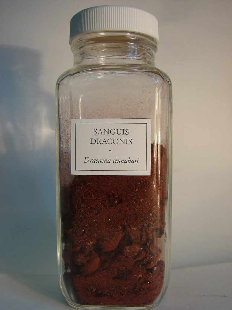 A labeled Dracaena cinnabari resin specimen illustrates one source of dragon’s blood; it does not identify the owner’s resin.