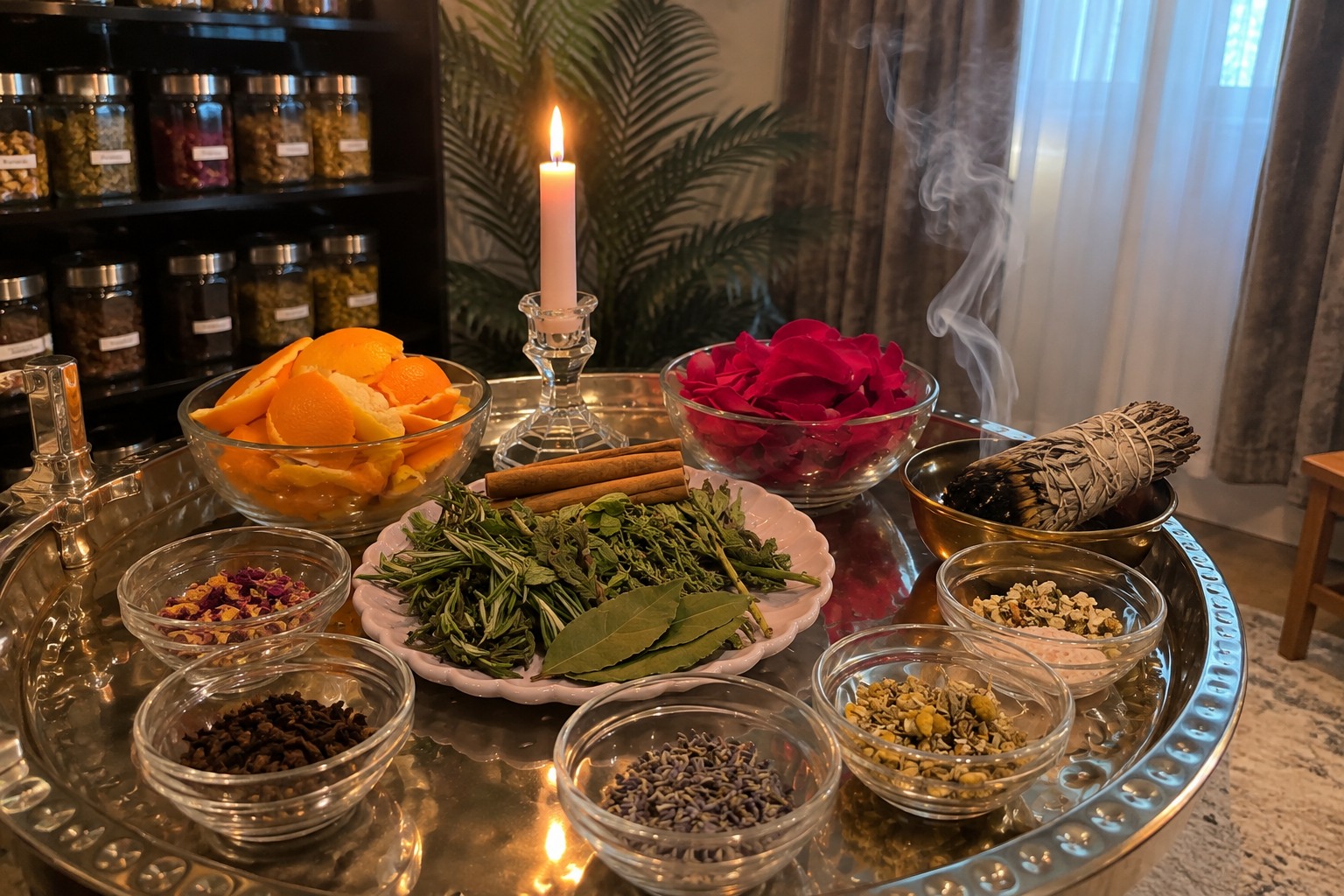 Rashean apothecary setup with a silver tray, herbs, candle, and sage bundle