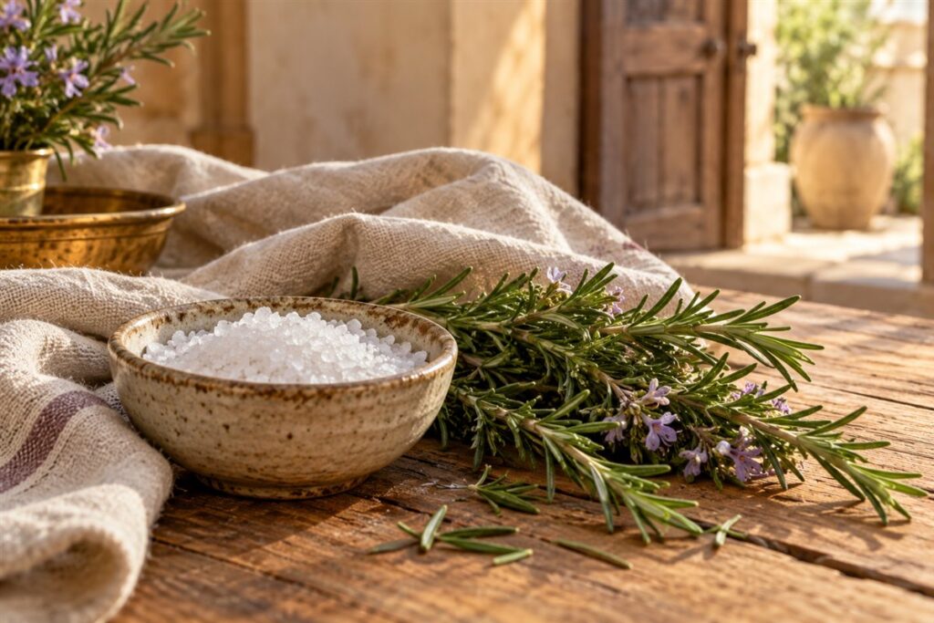 A ceramic bowl of coarse salt and rosemary near a wooden doorway